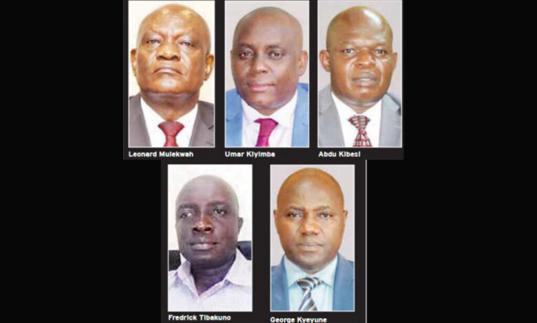 Suspended EC officials (left-right) Leonard Mulekwah, Umar Kiyimba, Abdul Kibesi, Frederick Tibakuno and George Kyeyune