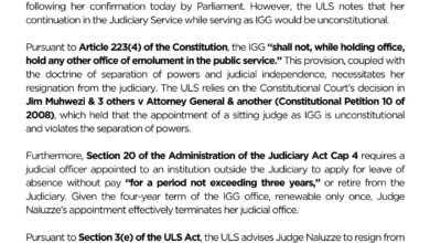 Photo of ULS Urges Justice Naluzze to Resign from Judiciary to Avoid Conflict of Interest as IGG
